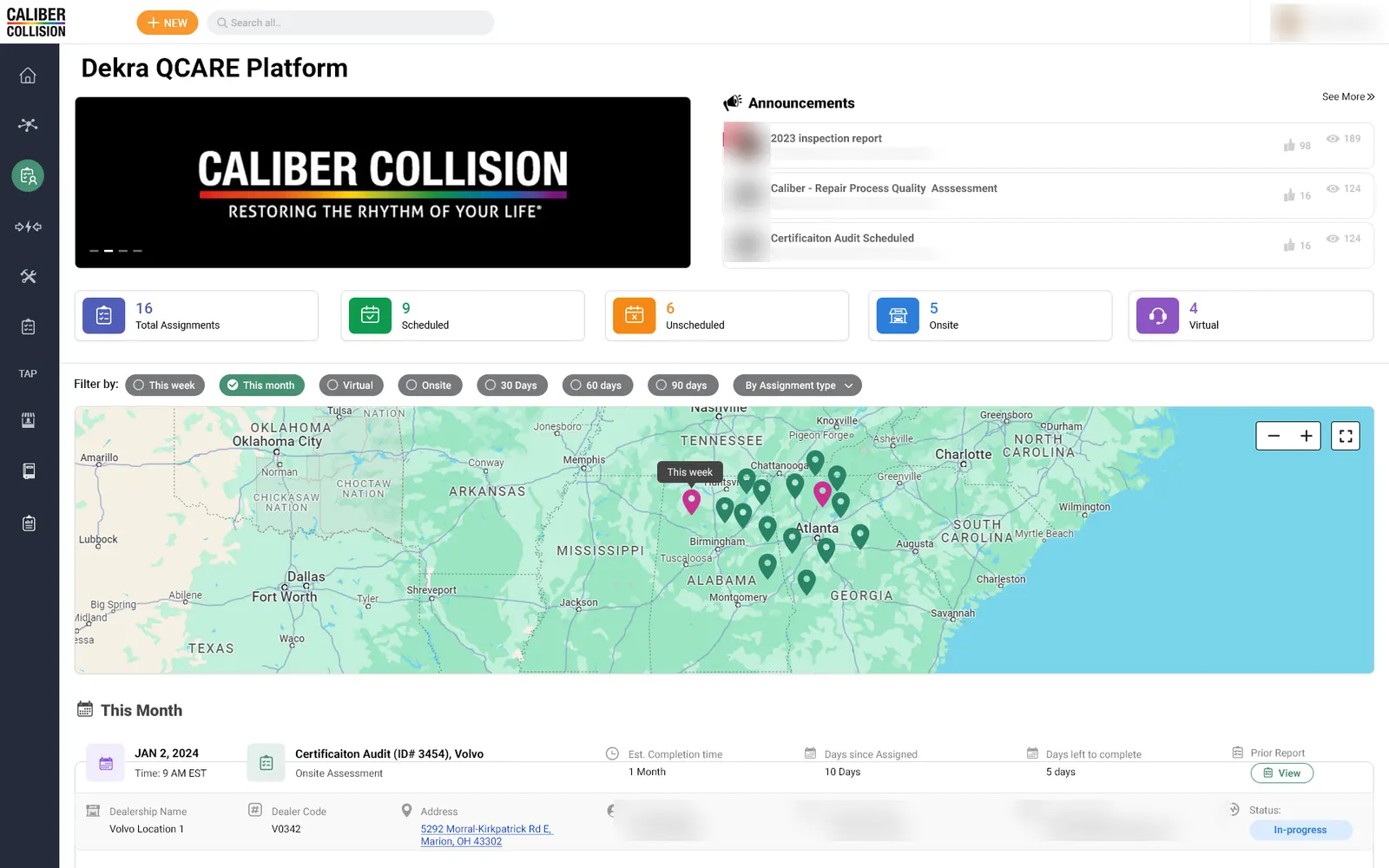 Collabtic compliance platform: Assignment dashboard: KPI counts, announcements and a live map of upcoming audits