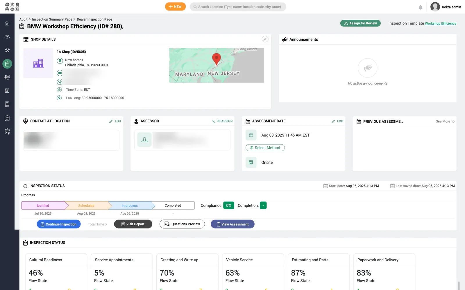 Collabtic compliance platform: Inspection summary: shop details, assessor, assessment date and workflow progress