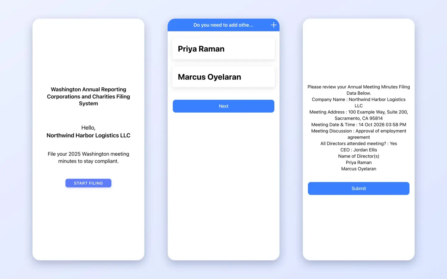 eFileBusiness: Mobile filing flow: start the filing, confirm directors, review and submit (sample data)