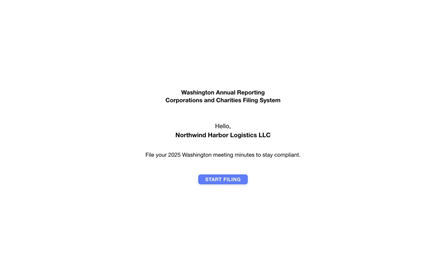 eFileBusiness: Start screen: the filing greets the business by name and states what is due (sample data)