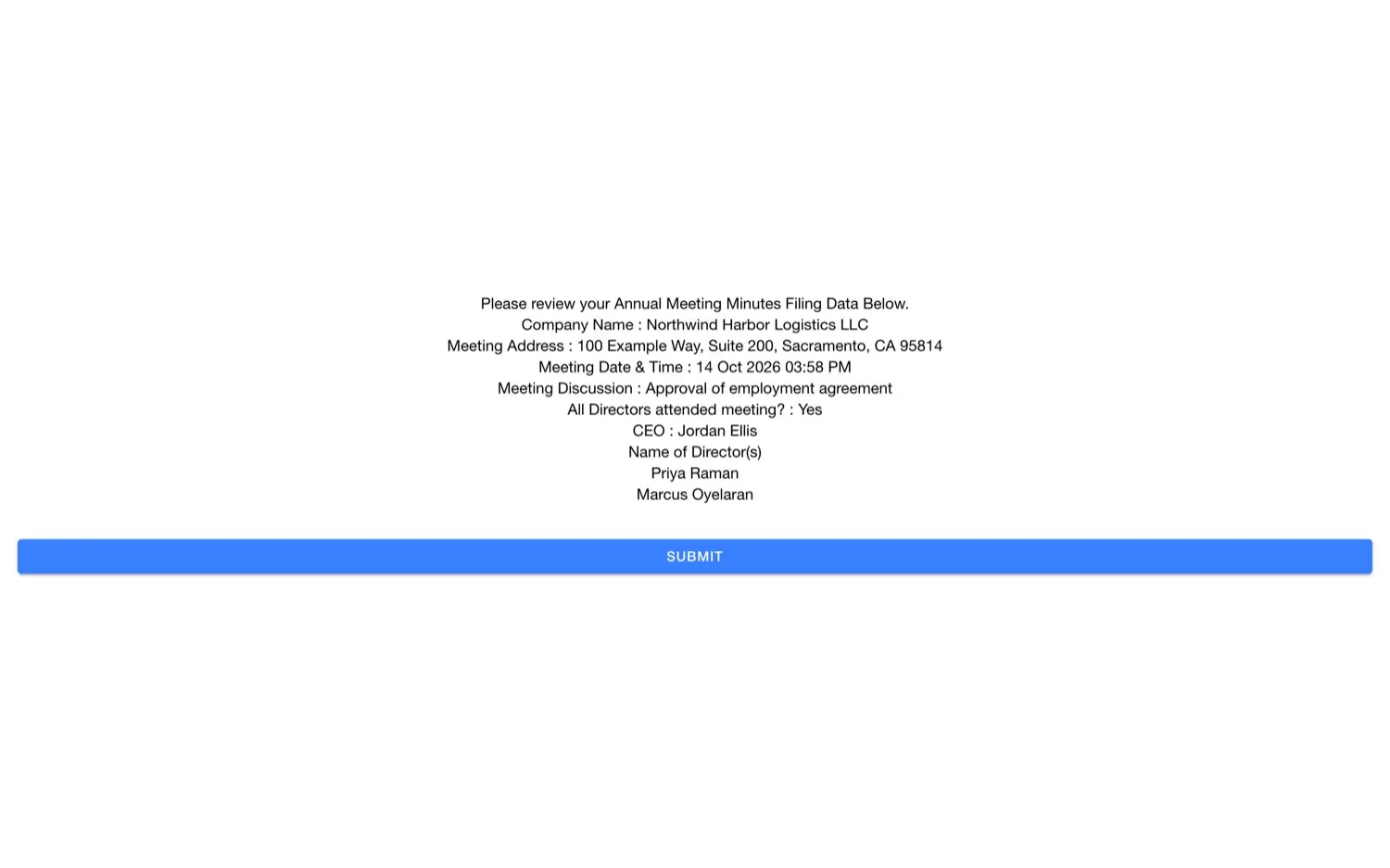 eFileBusiness: Review step: every answer on one page before submitting the filing (sample data)