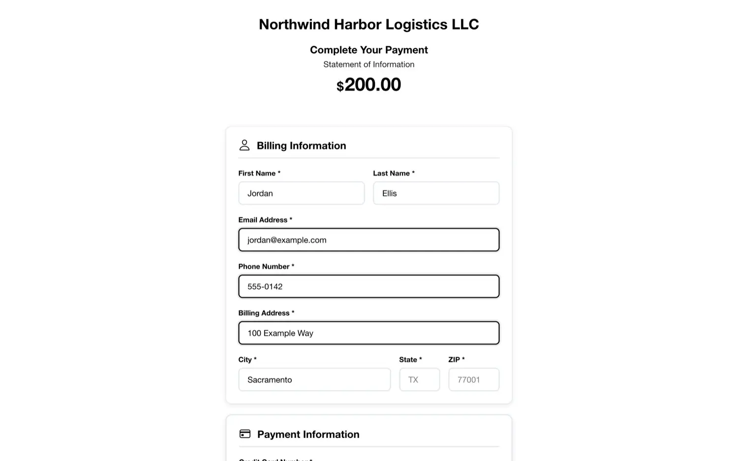 eFileBusiness: Payment step: billing details and payment for the filing (sample data)