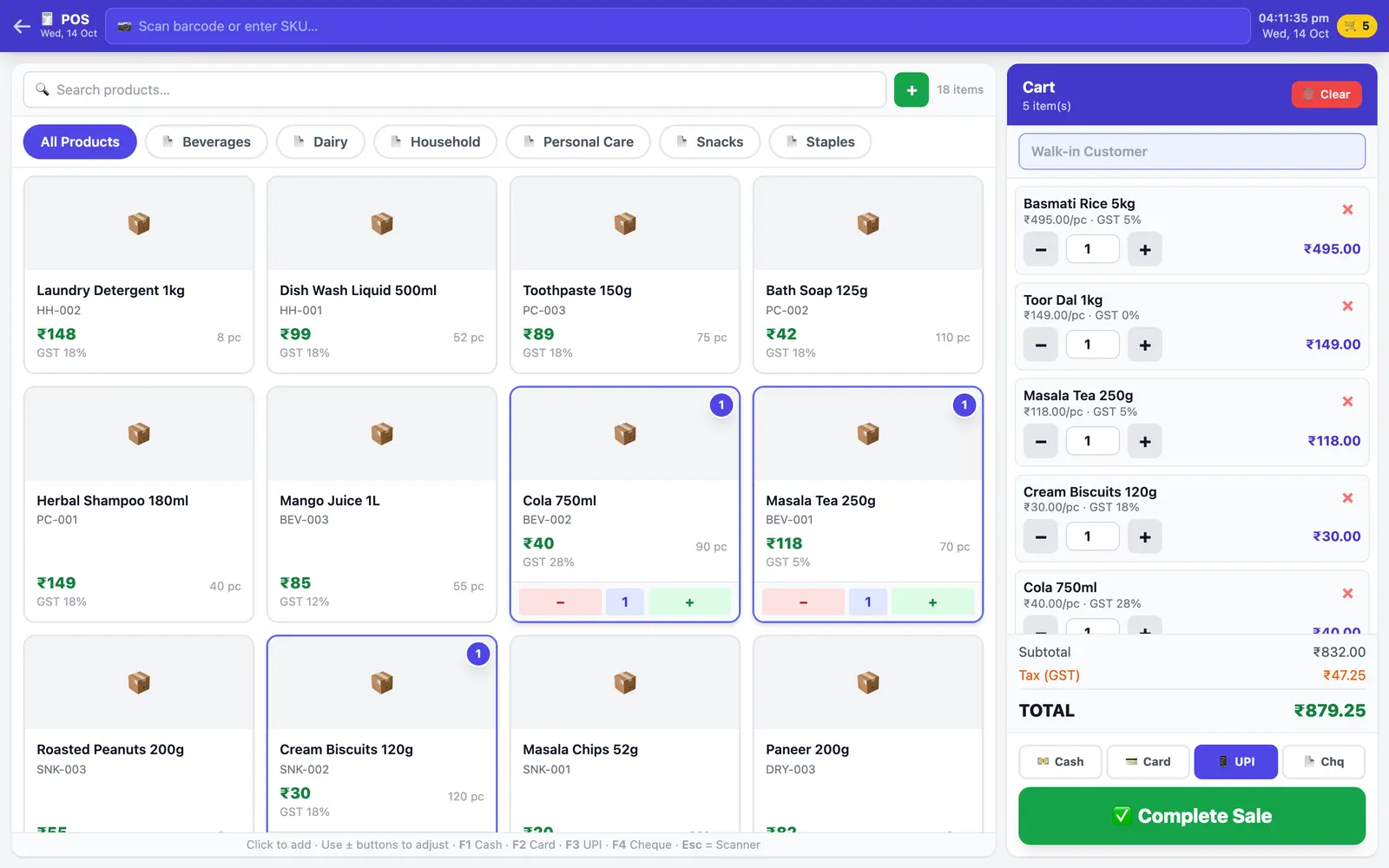 ClinicKhata: POS terminal with a GST-priced cart and payment method selection