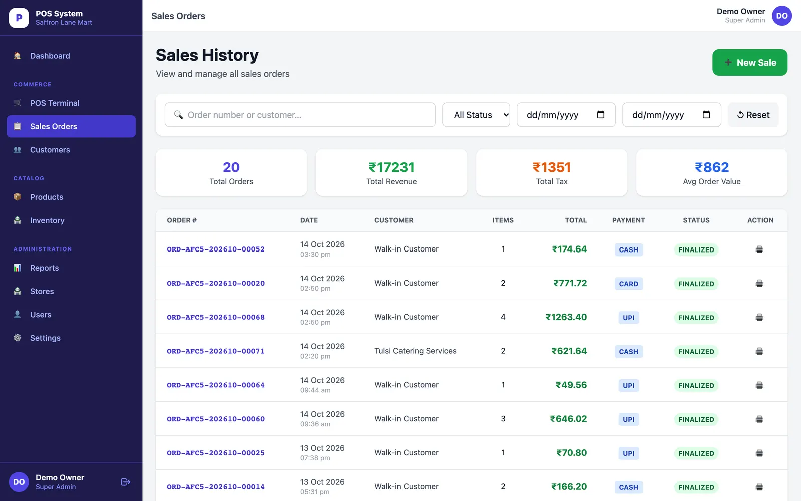 ClinicKhata: Sales history with order numbers, payment method and status