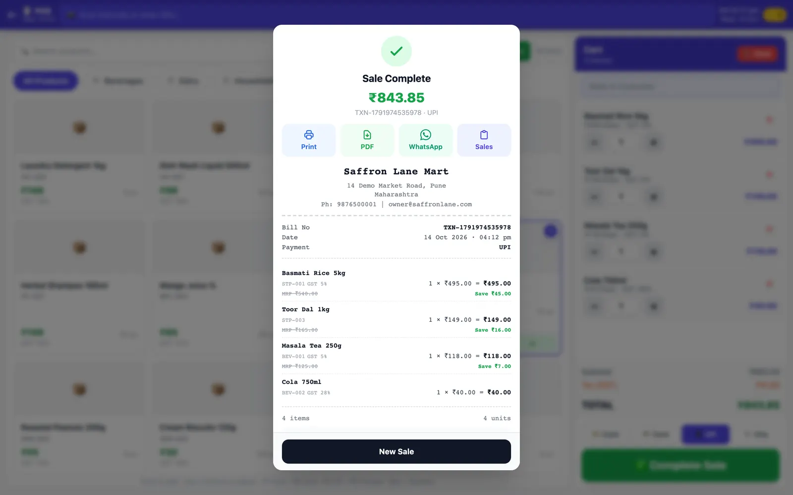 ClinicKhata: Sale complete receipt with print, PDF and WhatsApp actions