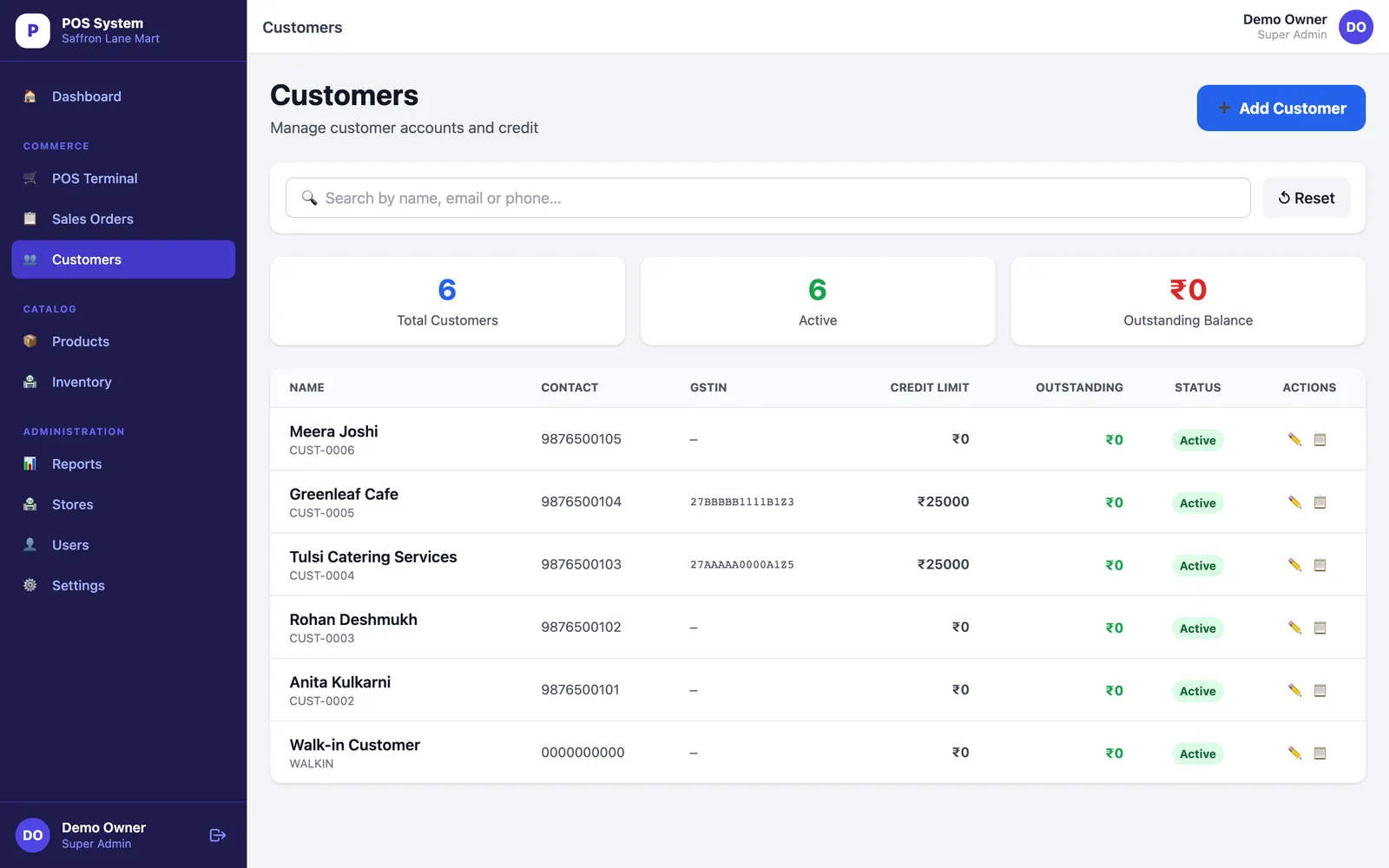 ClinicKhata: Customer accounts with GSTIN and credit limits