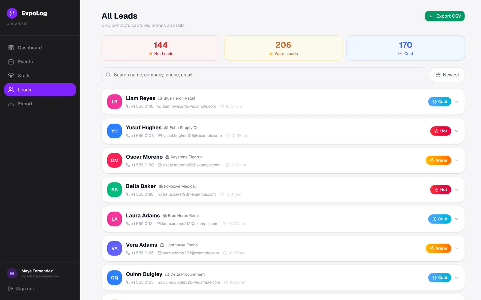 ExpoLog: All leads with hot, warm and cold breakdown, search and CSV export