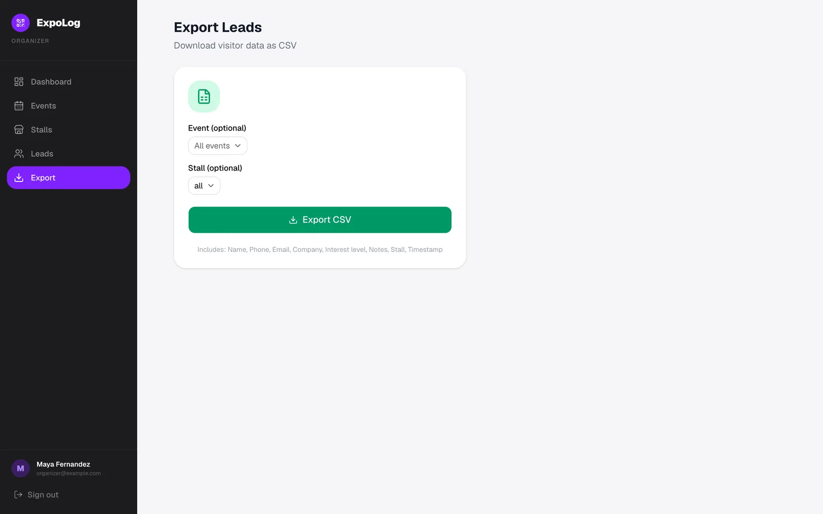 ExpoLog: CSV lead export by event and stall