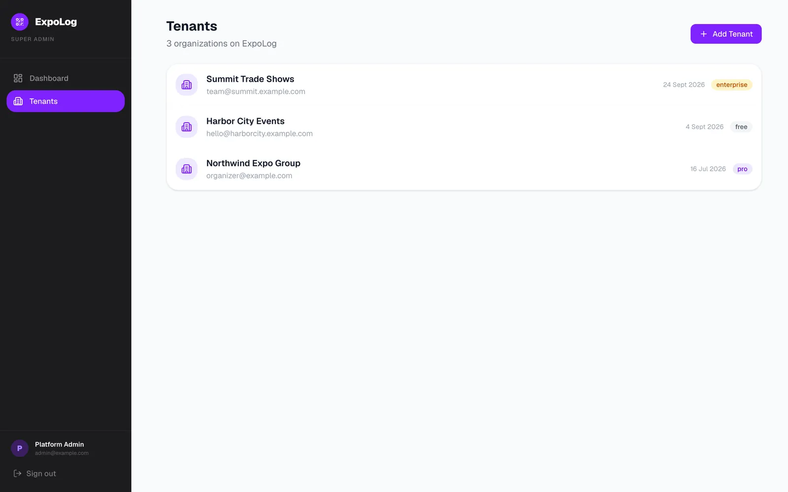 ExpoLog: Super admin view of tenant organizations and plans
