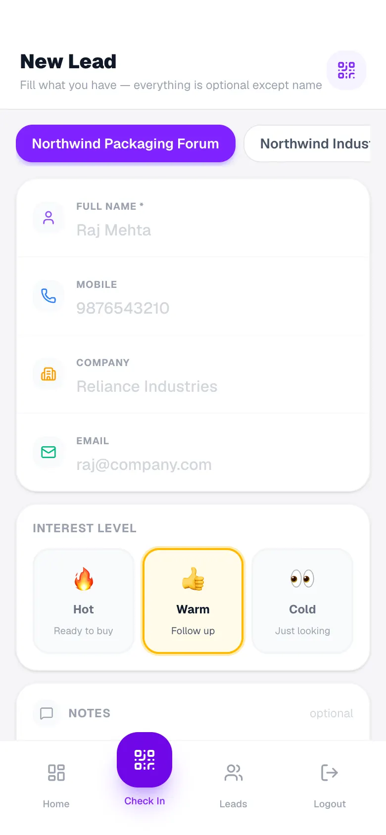 ExpoLog: New lead capture form with interest level