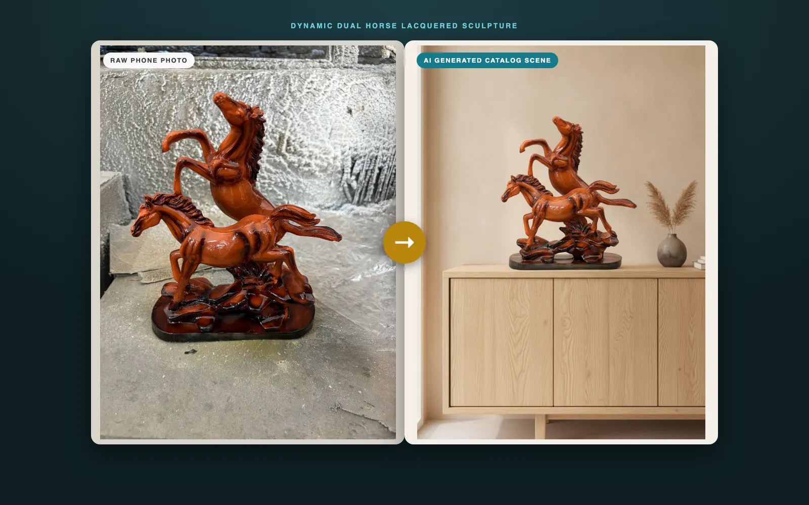 Favia Decor: Raw phone photo and the AI generated catalog scene