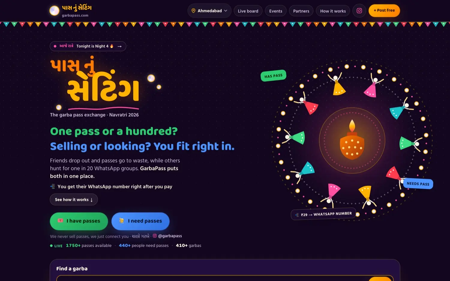 GarbaPass: Home page: the garba pass exchange for Navratri 2026, with I have passes and I need passes entry points