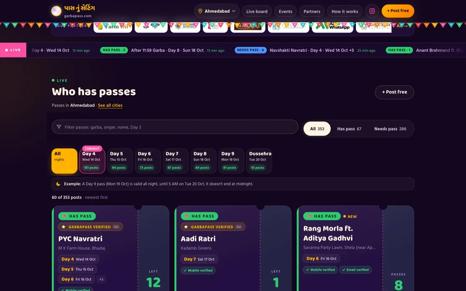 GarbaPass: Live board: Has pass and Needs pass posts filtered by festival night, with verification badges