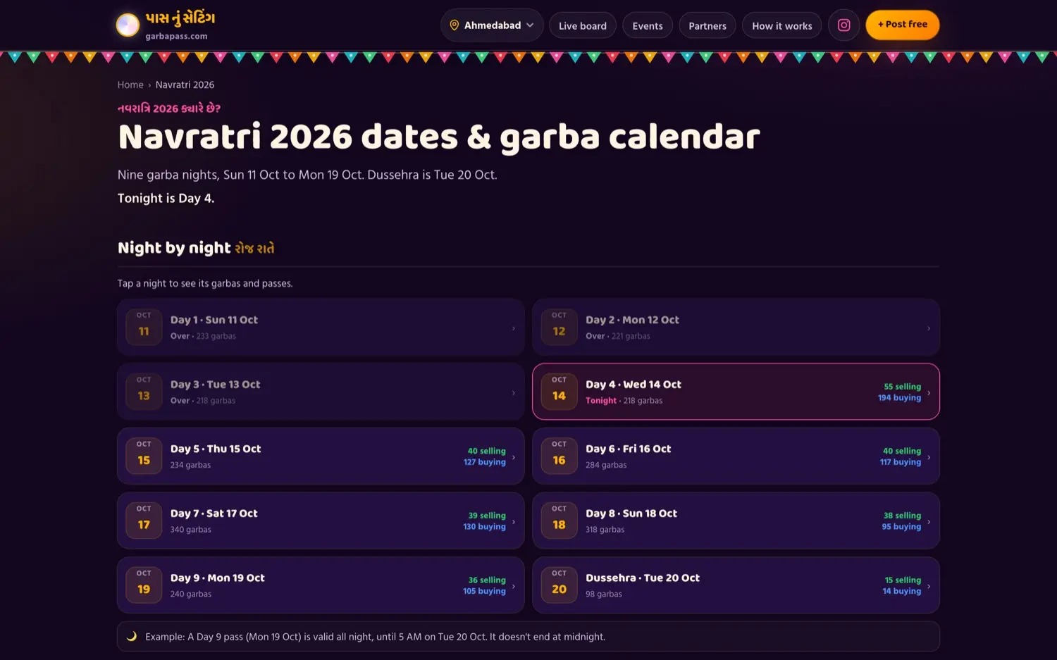 GarbaPass: Navratri 2026 calendar: nine garba nights with sellers and buyers for each night