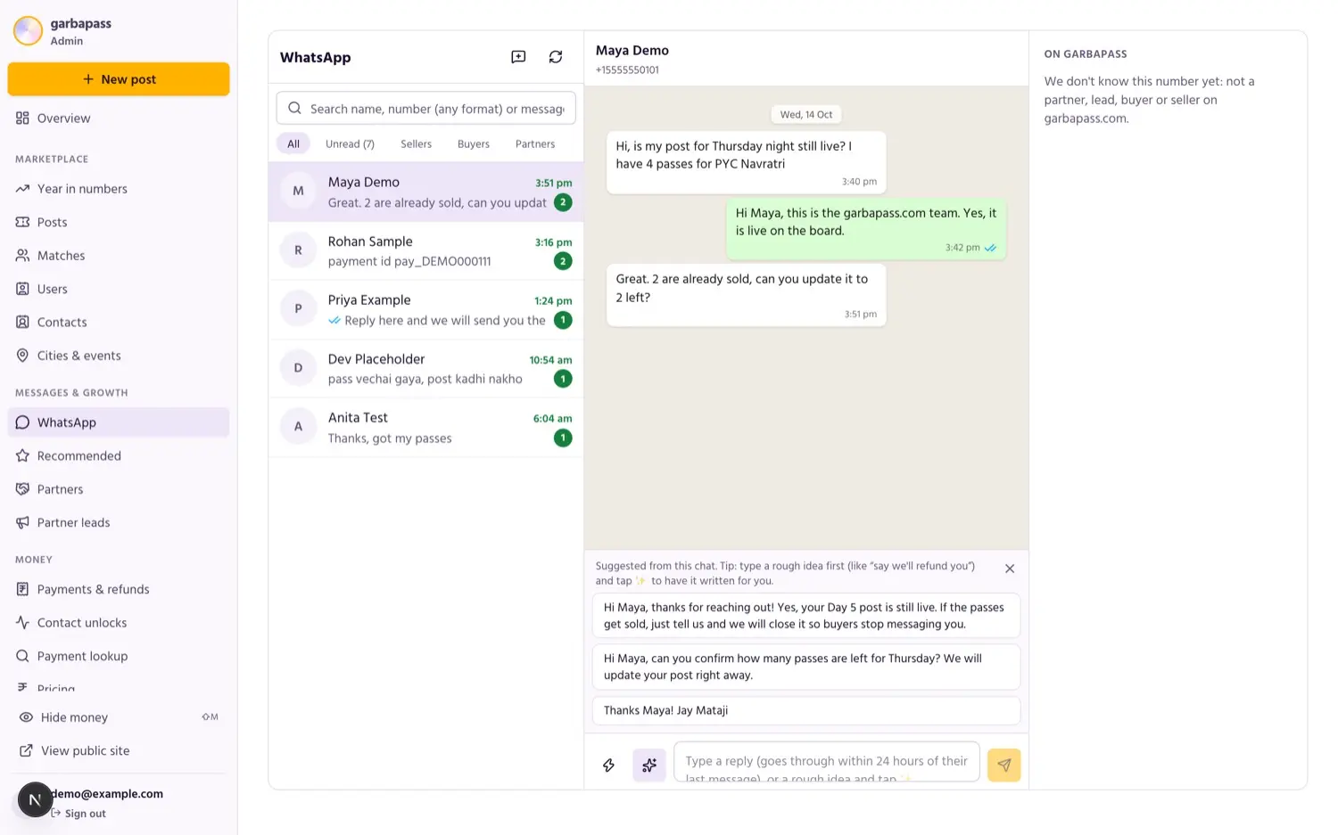 GarbaPass: Admin WhatsApp inbox with demo data: three Claude-drafted replies the admin can pick, edit and send