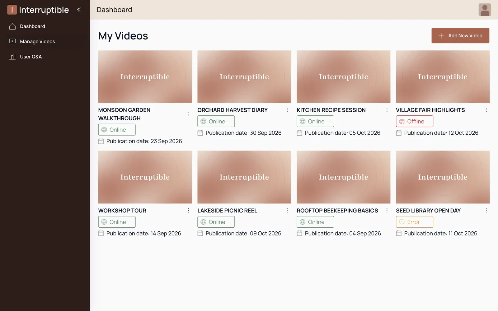 Glimpse: Video library with Online, Offline and Error states