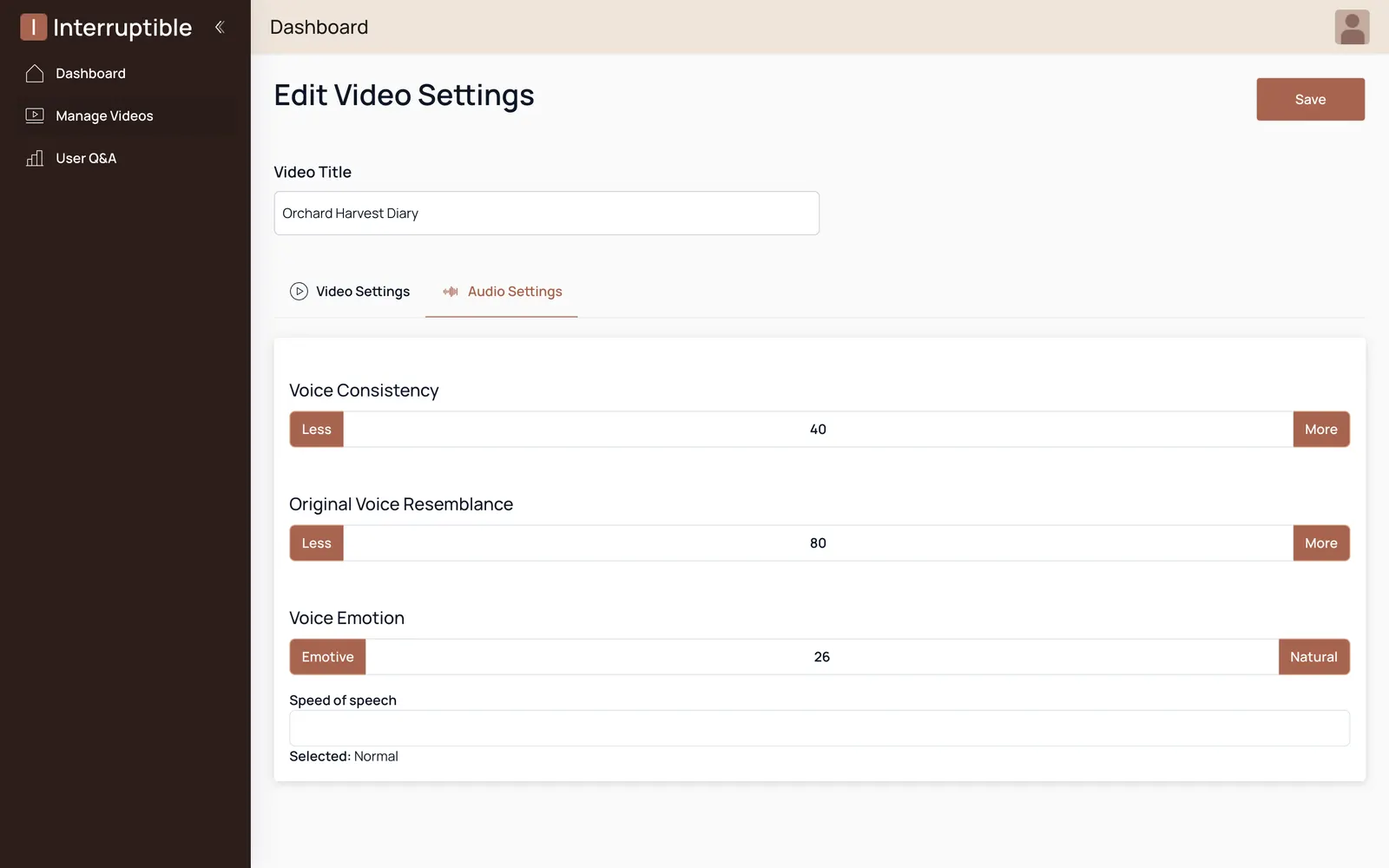 Glimpse: Voice settings for a cloned voice: consistency, resemblance, emotion, speed