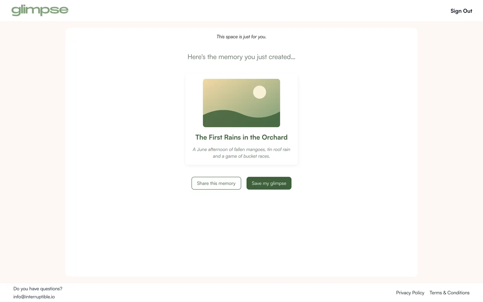 Glimpse: Finished memory card with share and save actions