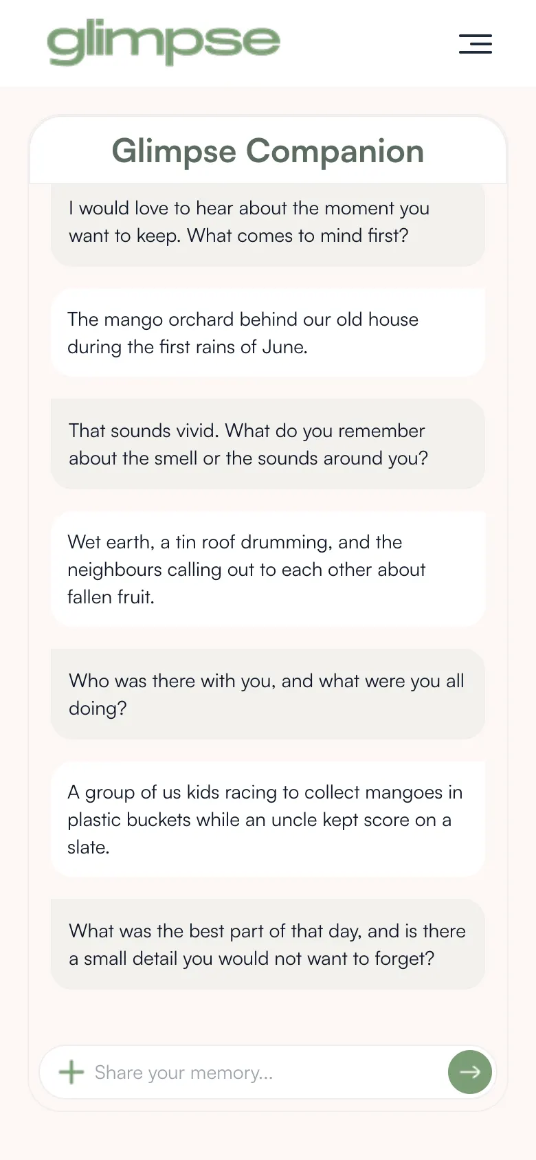 Glimpse: Guided conversation on a 390 px phone viewport