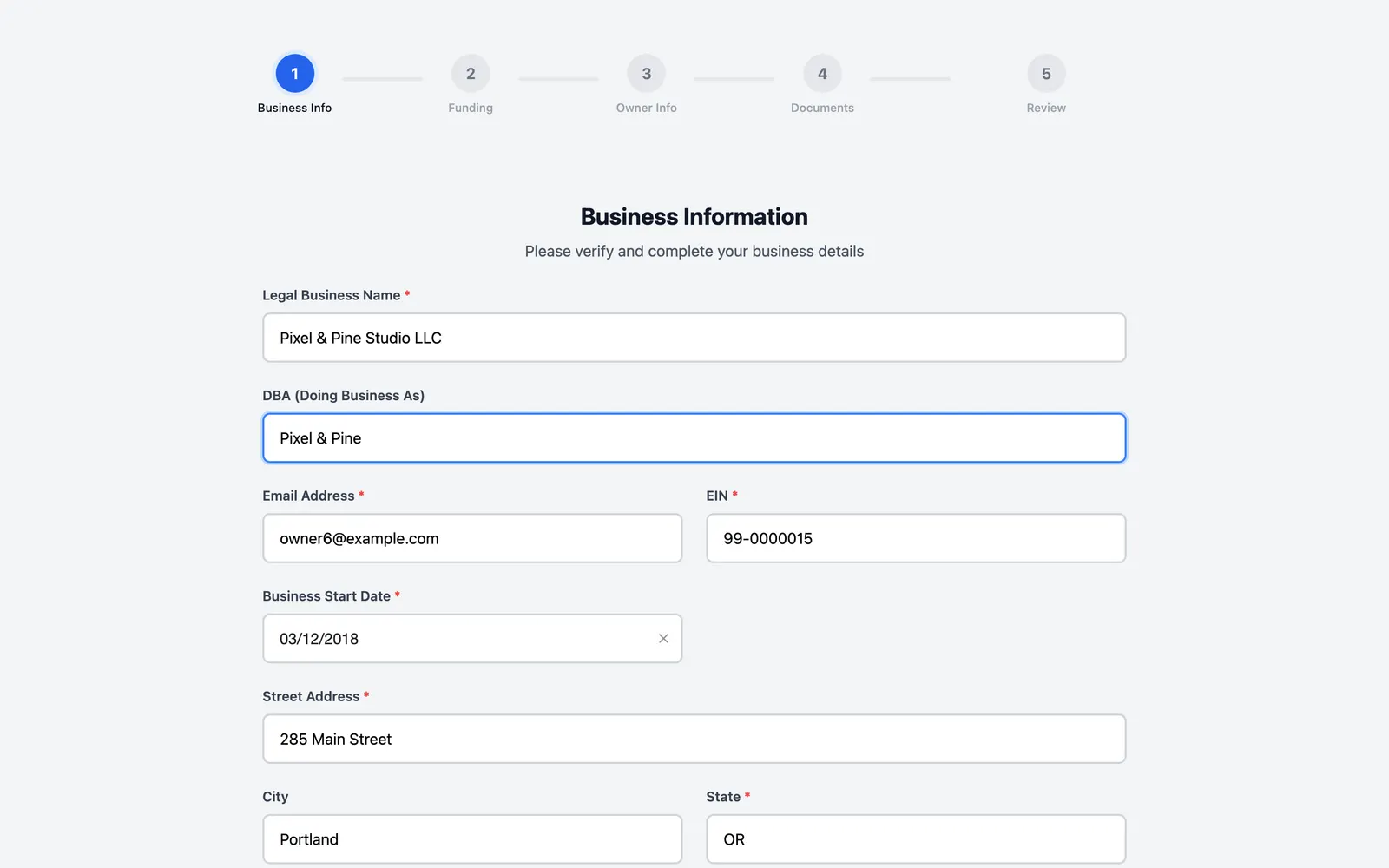 Heroic Funding: Guided five-step application, step 1: business information pre-filled from the applicant's unique link