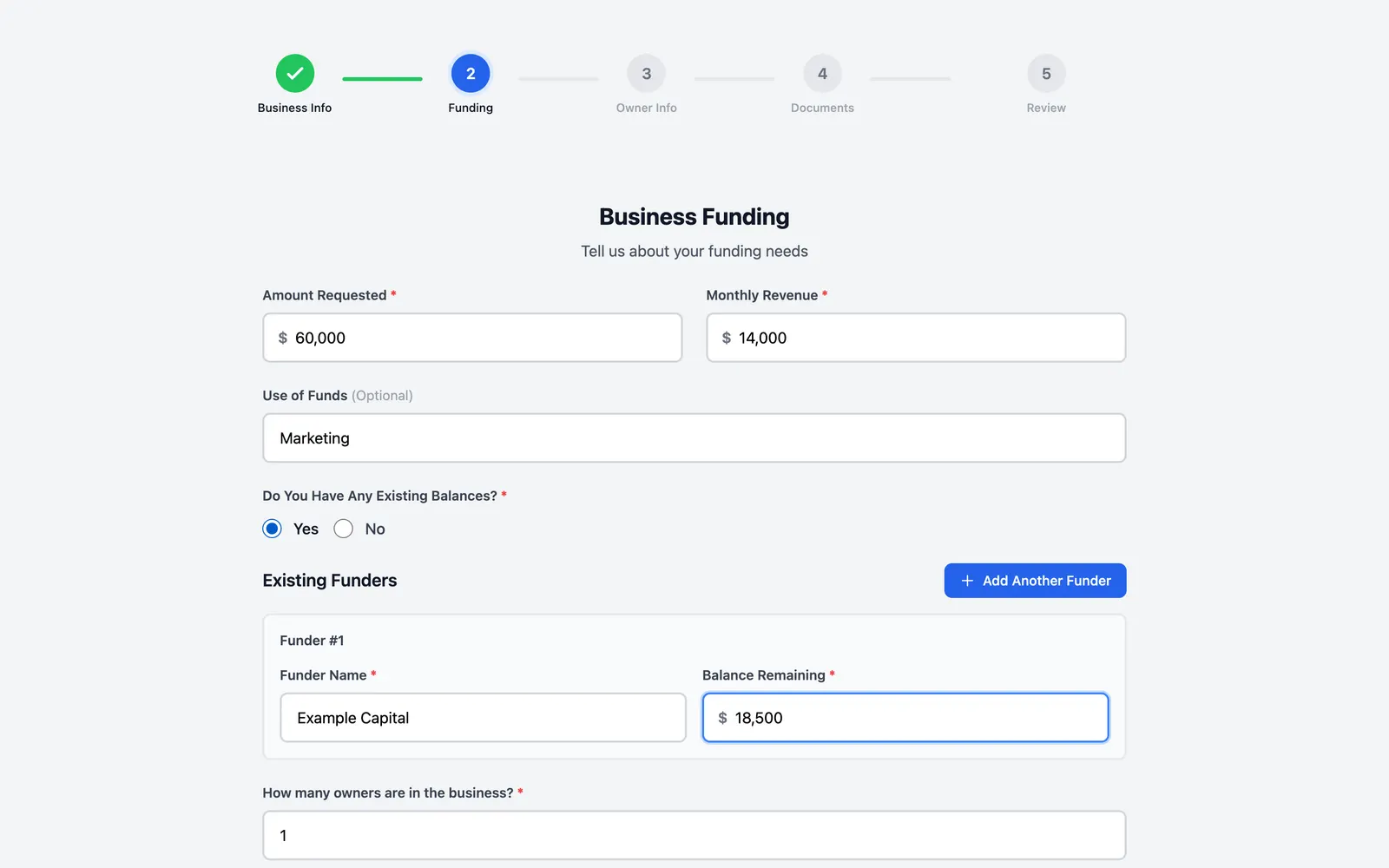 Heroic Funding: Step 2: funding request with amount, revenue and existing funder balances