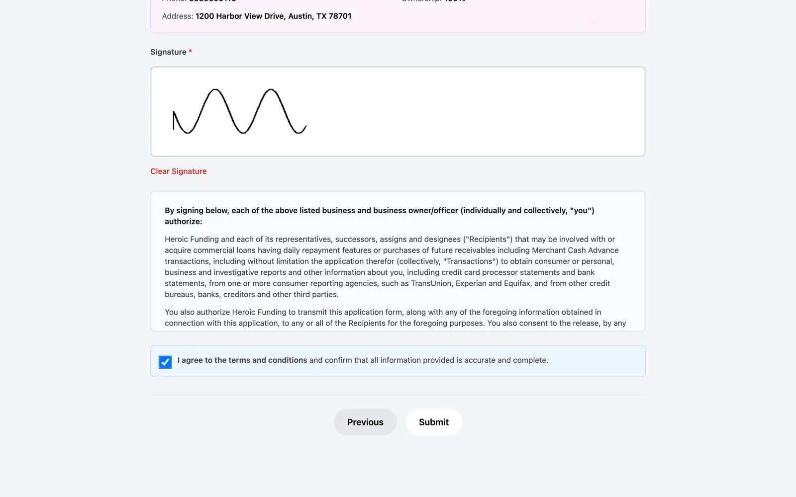Heroic Funding: Step 5: review and touch/mouse e-signature capture with terms acceptance