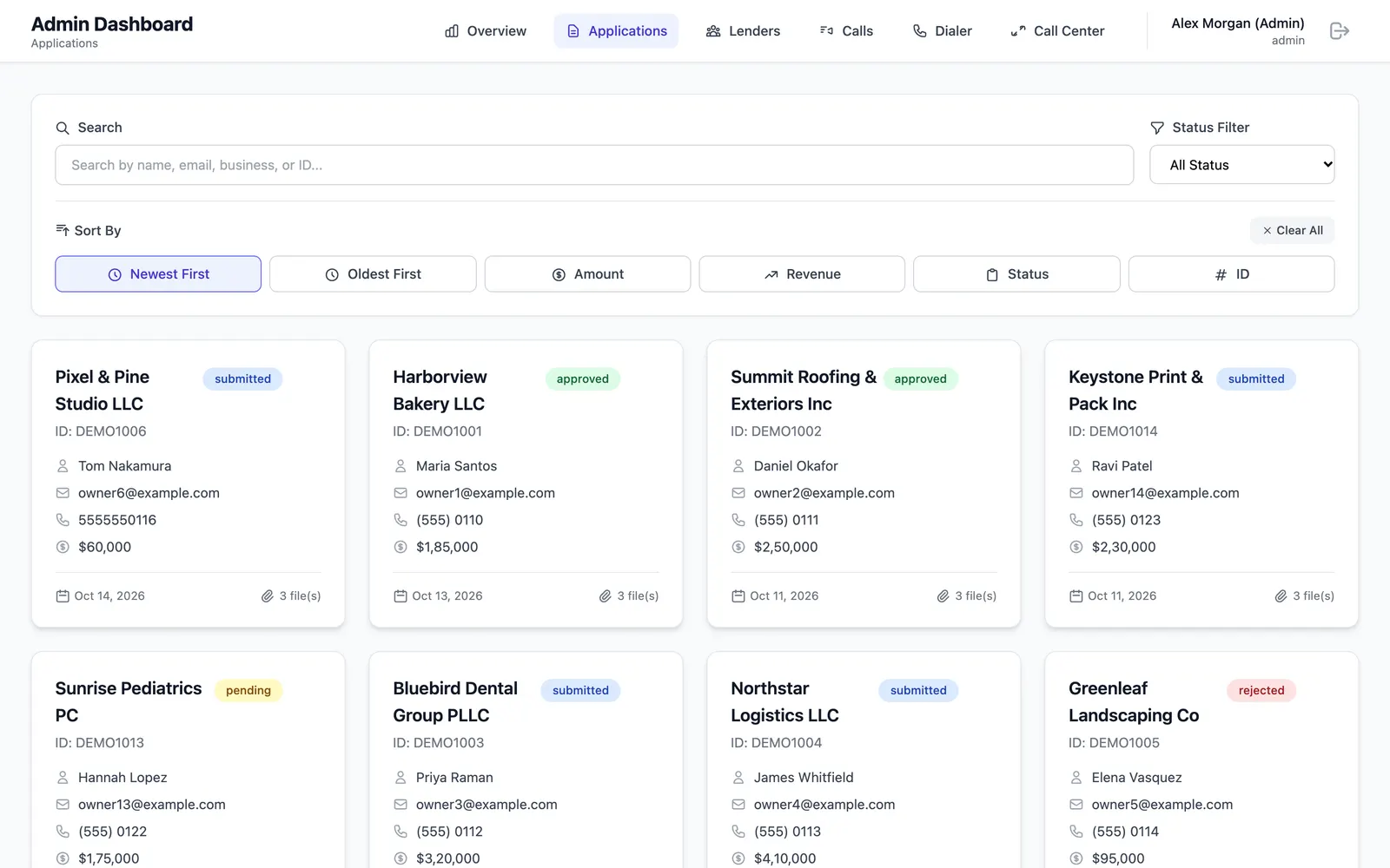 Heroic Funding: Admin applications queue with search, sorting and status badges