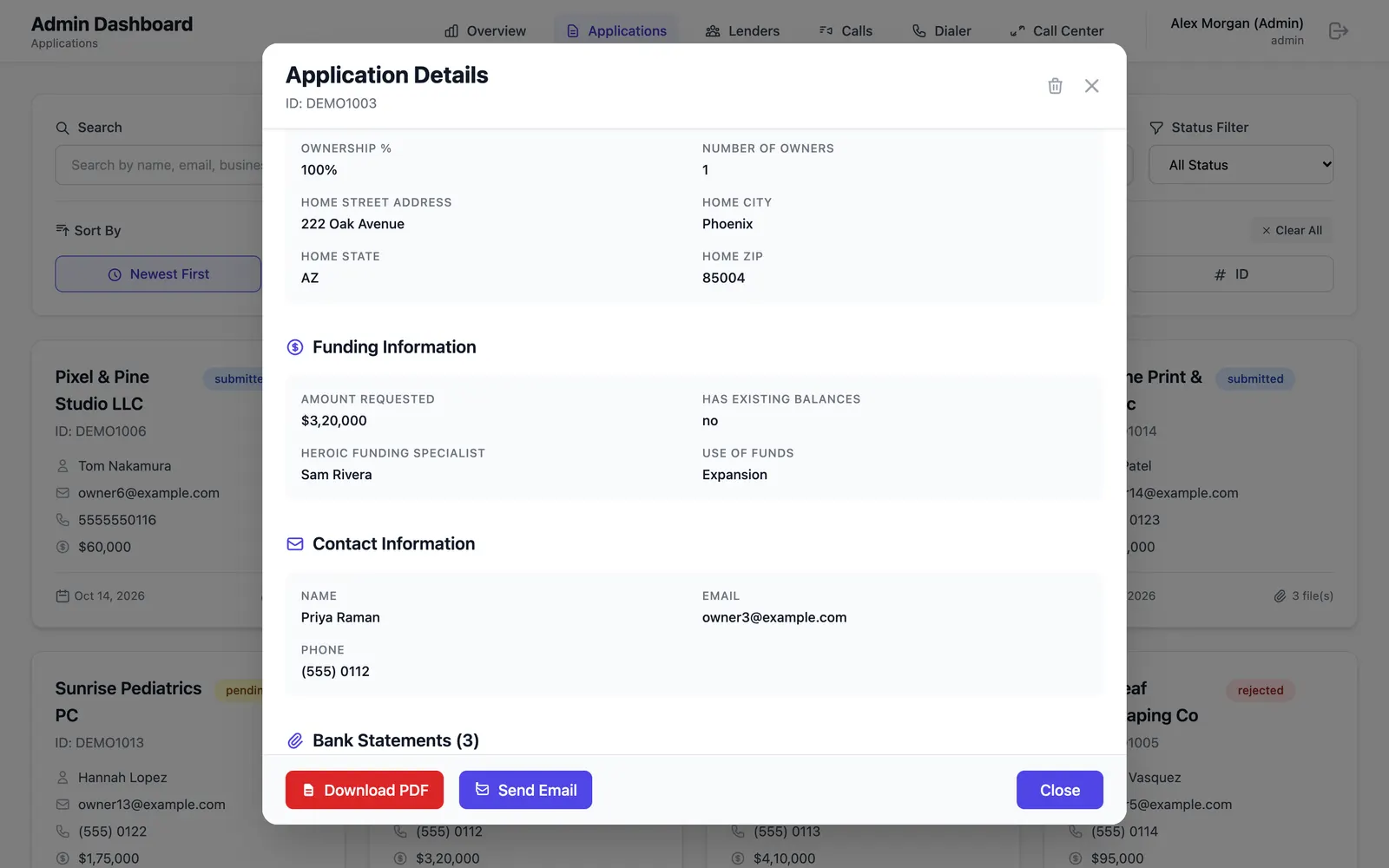 Heroic Funding: Application detail view for underwriting with status management, funding data and bank statements