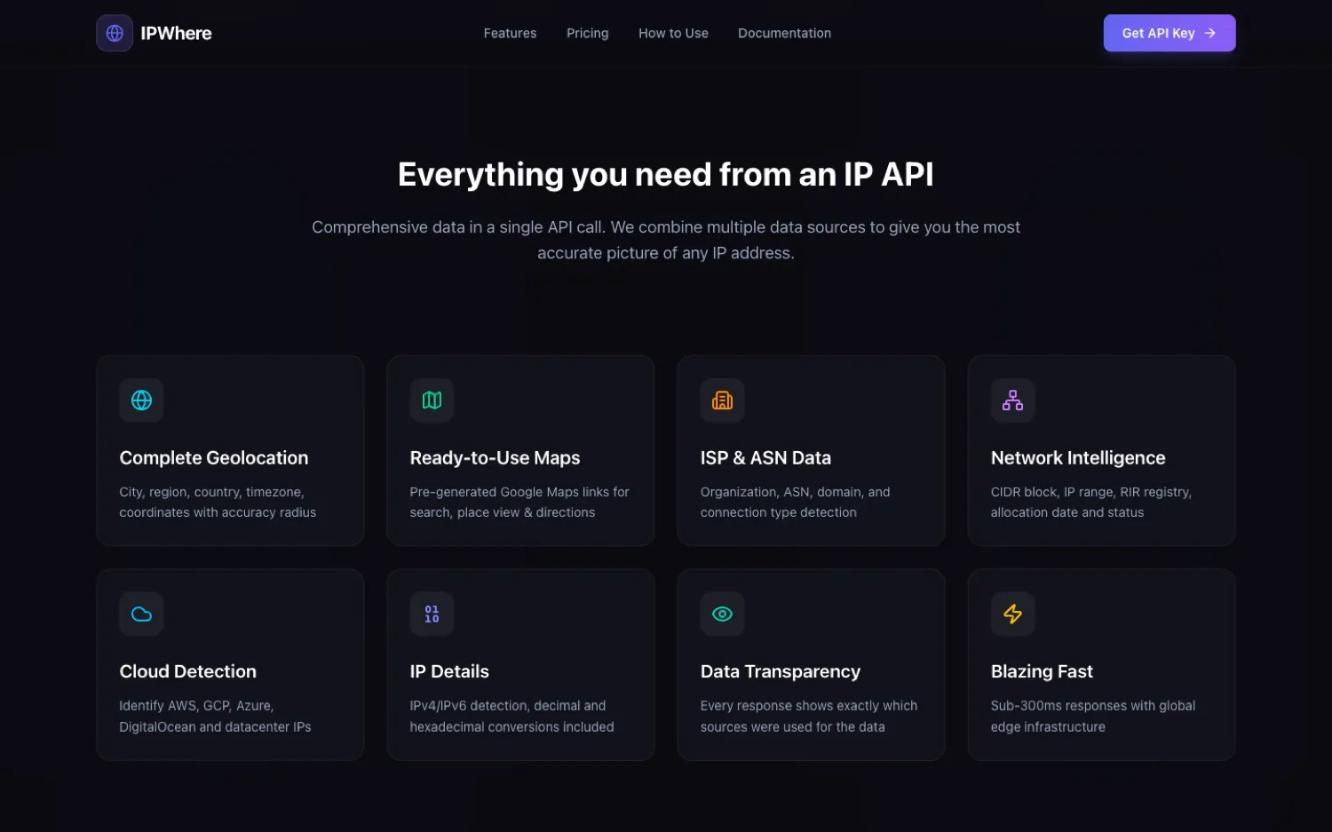 IPWhere: Everything in one call: geolocation, maps links, ISP and ASN, network, cloud detection and IP details
