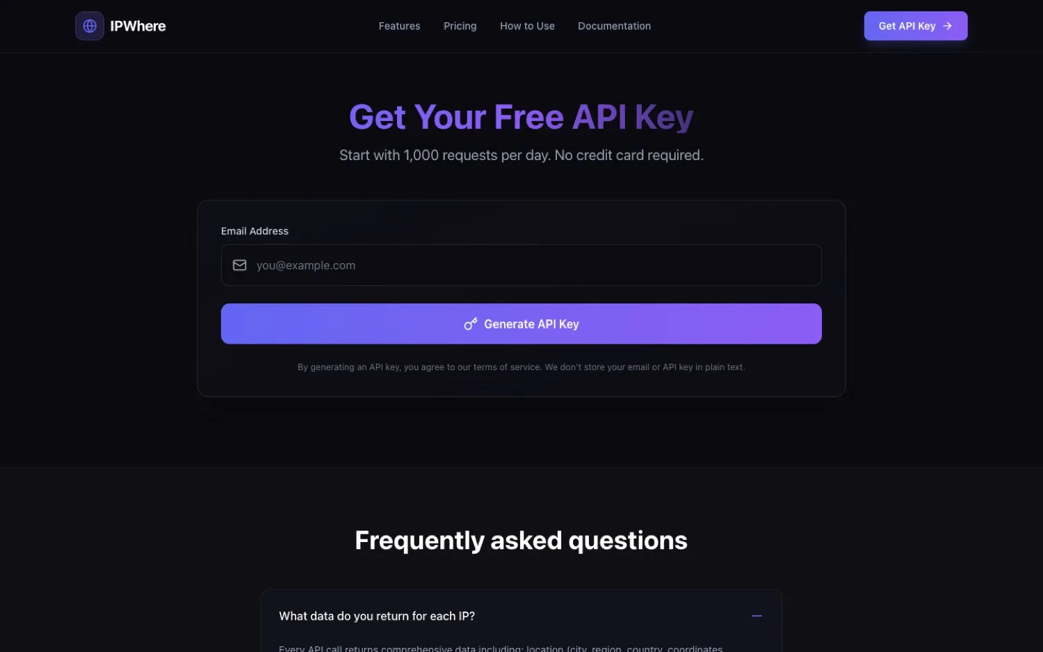 IPWhere: Self-serve free API key: an email address, no credit card