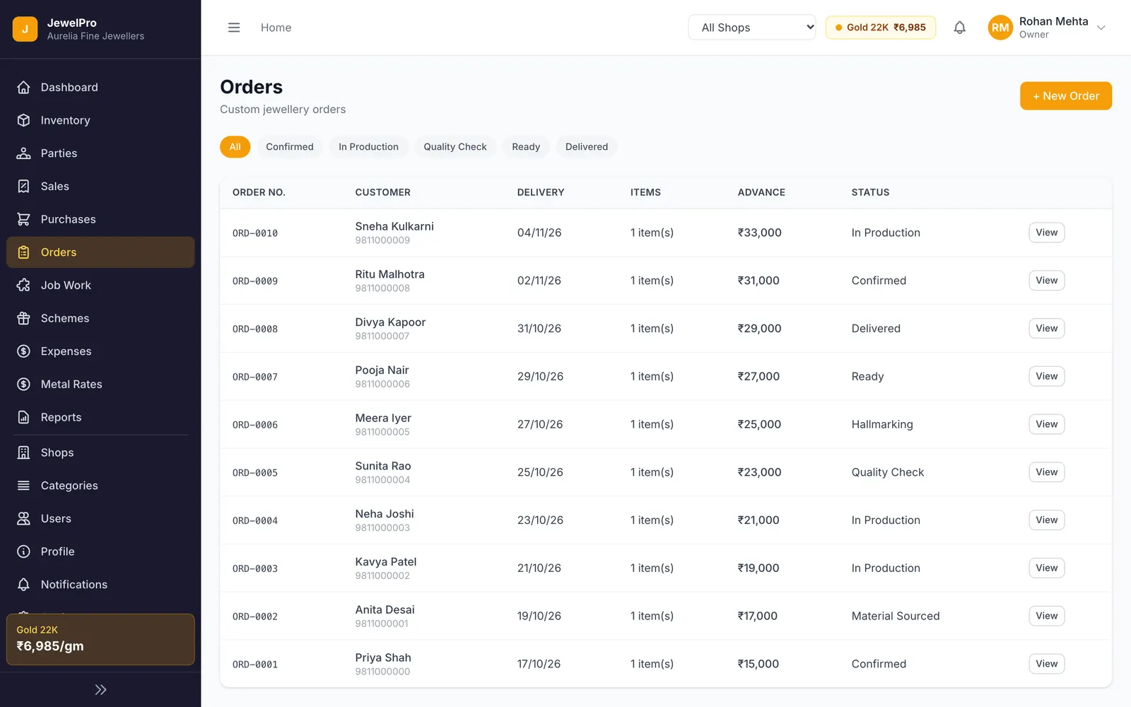 JewelPro: Custom orders by stage, with customer, delivery date and advance