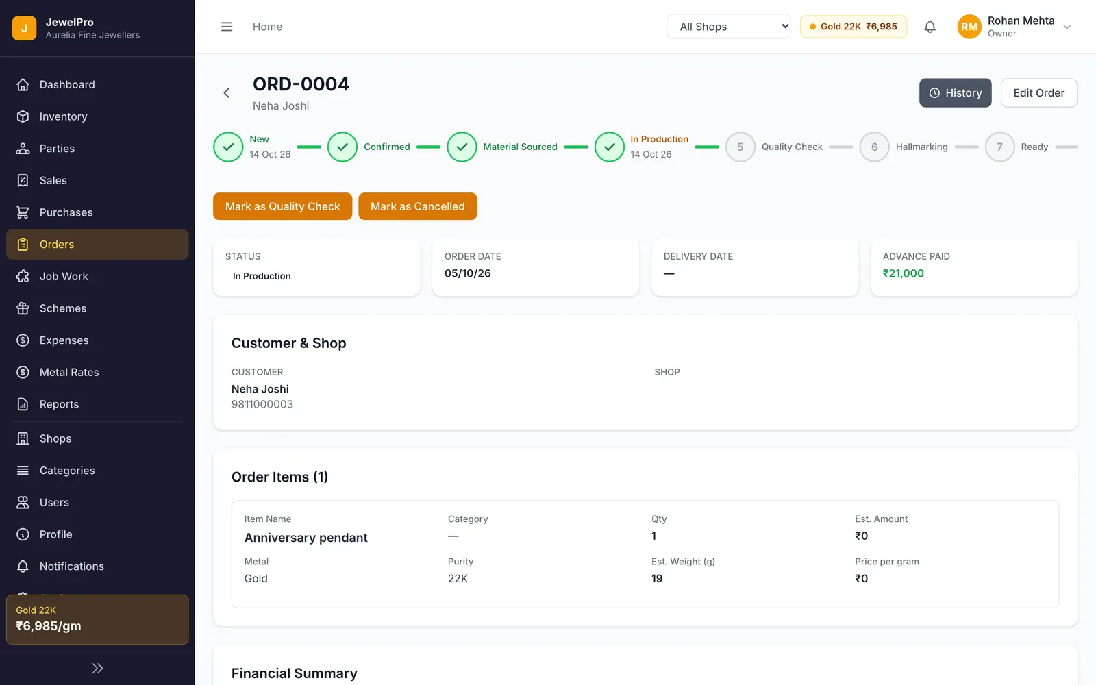 JewelPro: Order detail with production stage tracker