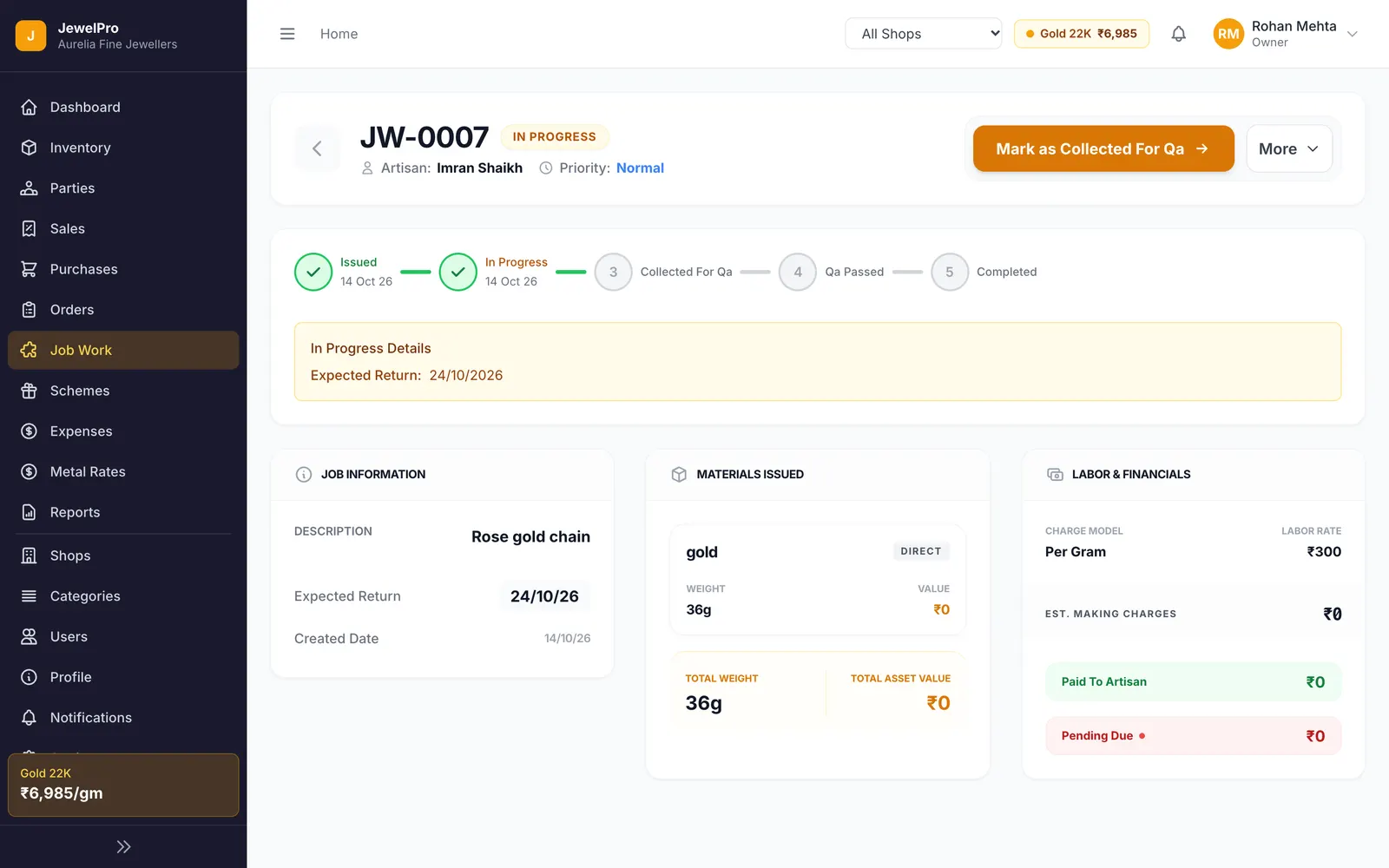 JewelPro: Job work detail: stage tracker, materials issued and labour rate