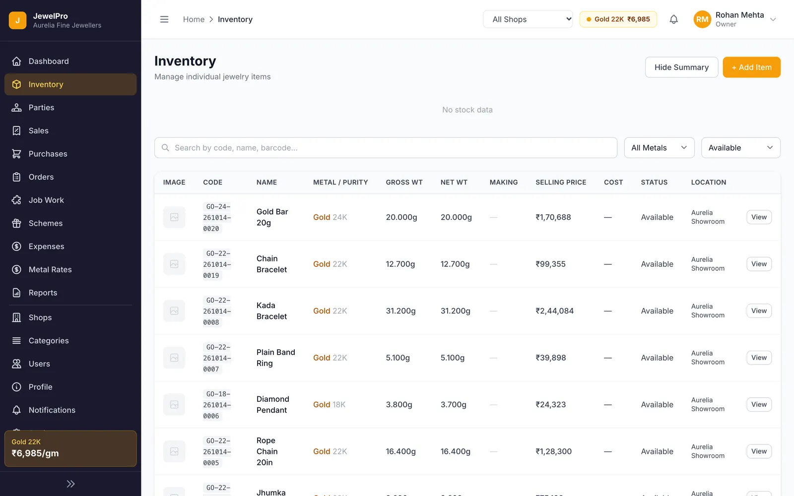JewelPro: Item level stock with metal, purity, weights, price and location