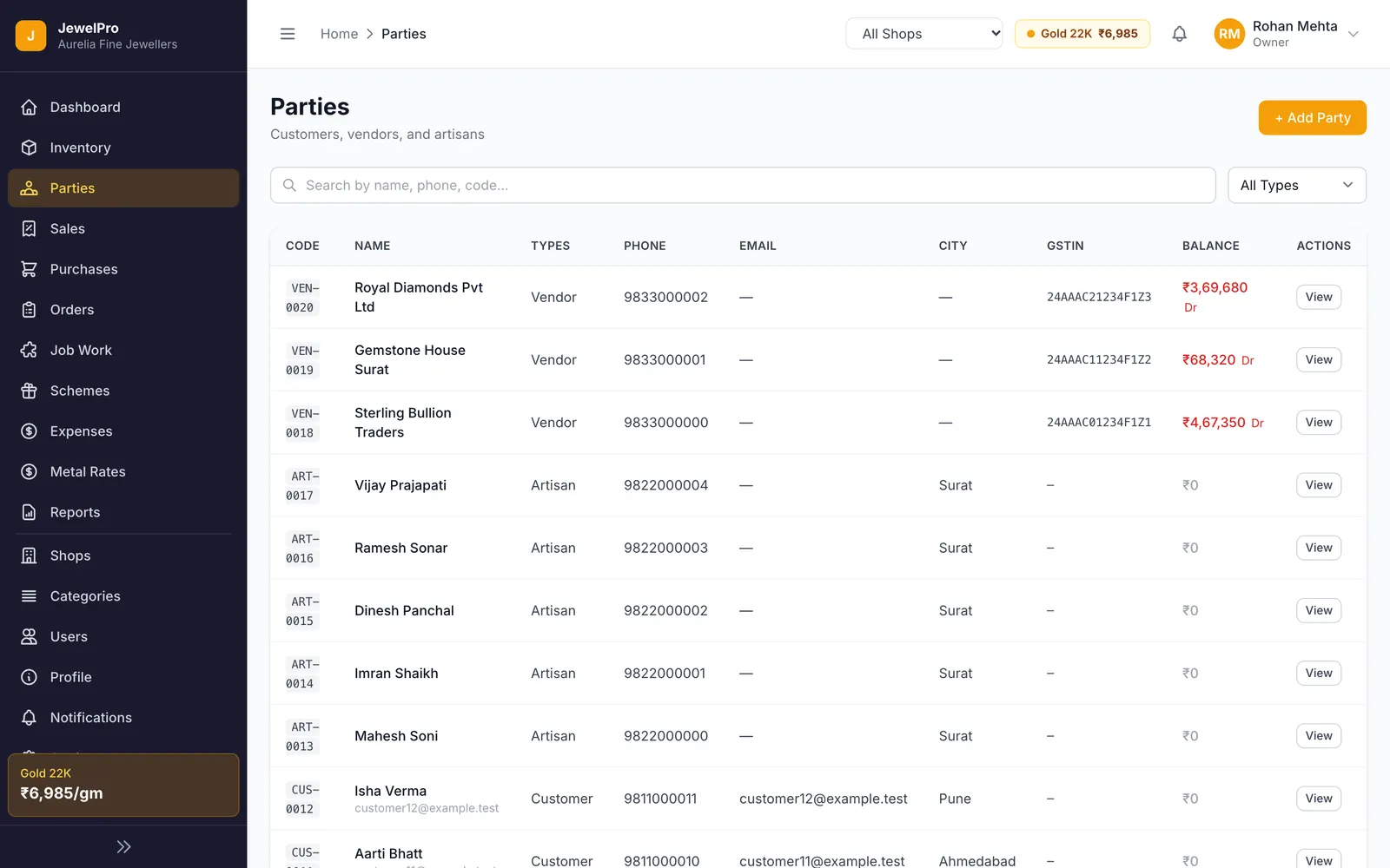 JewelPro: Customers, vendors and artisans with balances