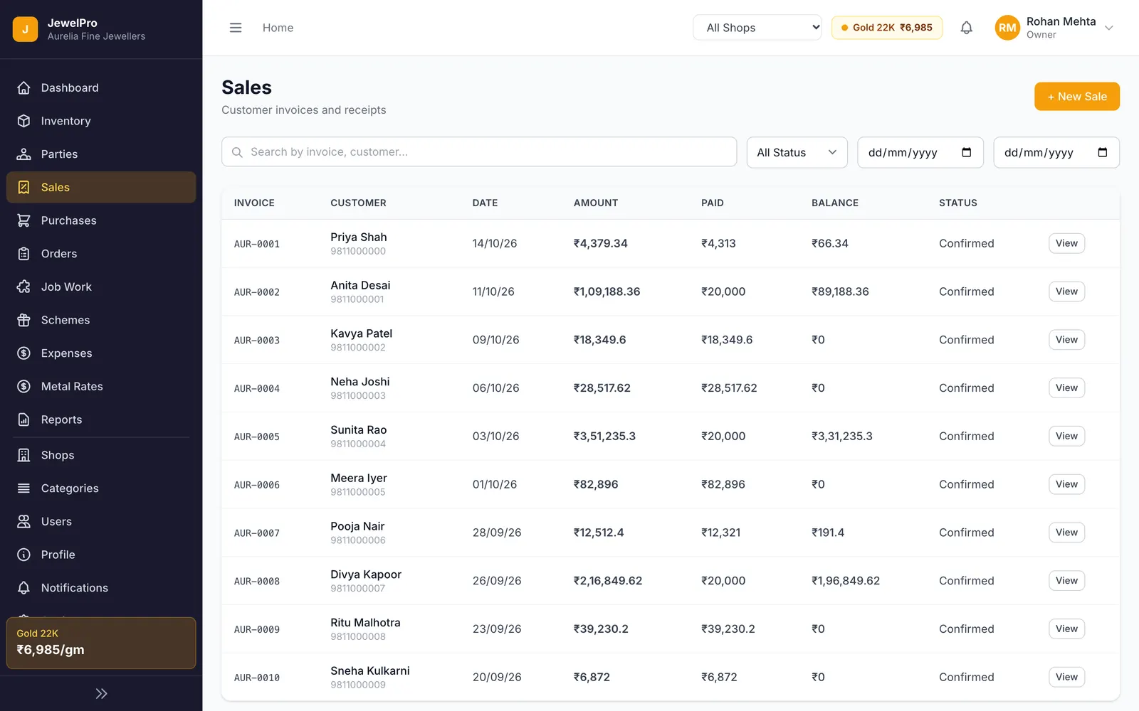 JewelPro: GST sales invoices with paid and balance amounts