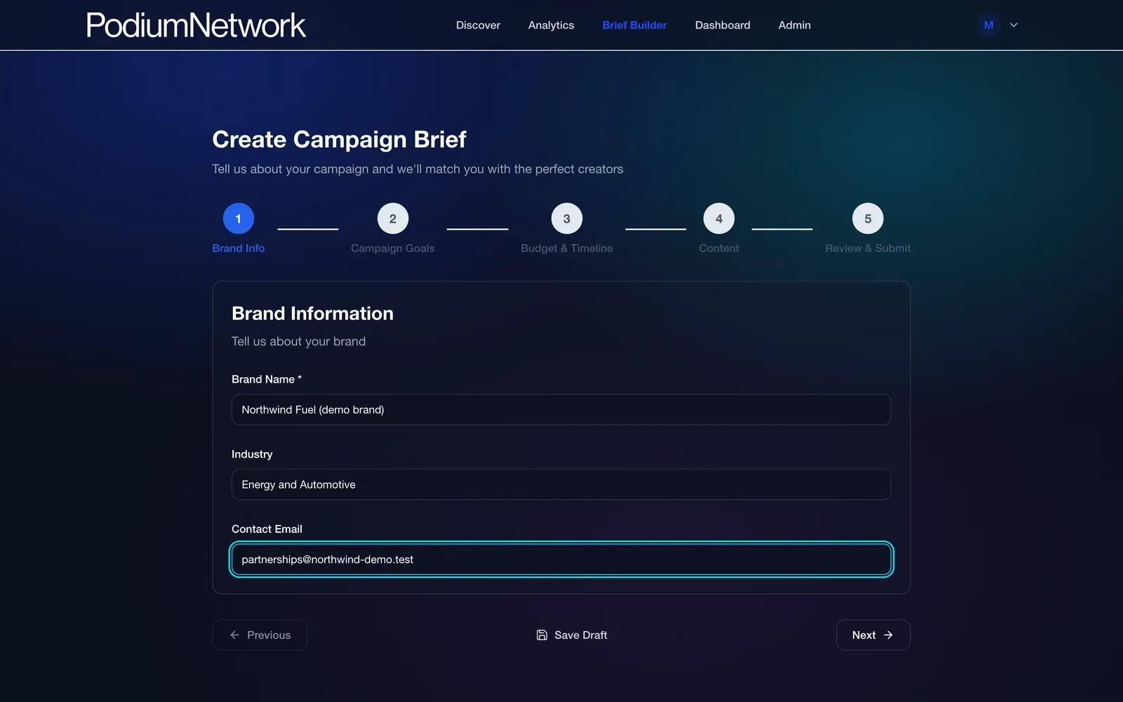 Podium Network: Campaign Brief Builder: five-step guided brief, step 1 brand information