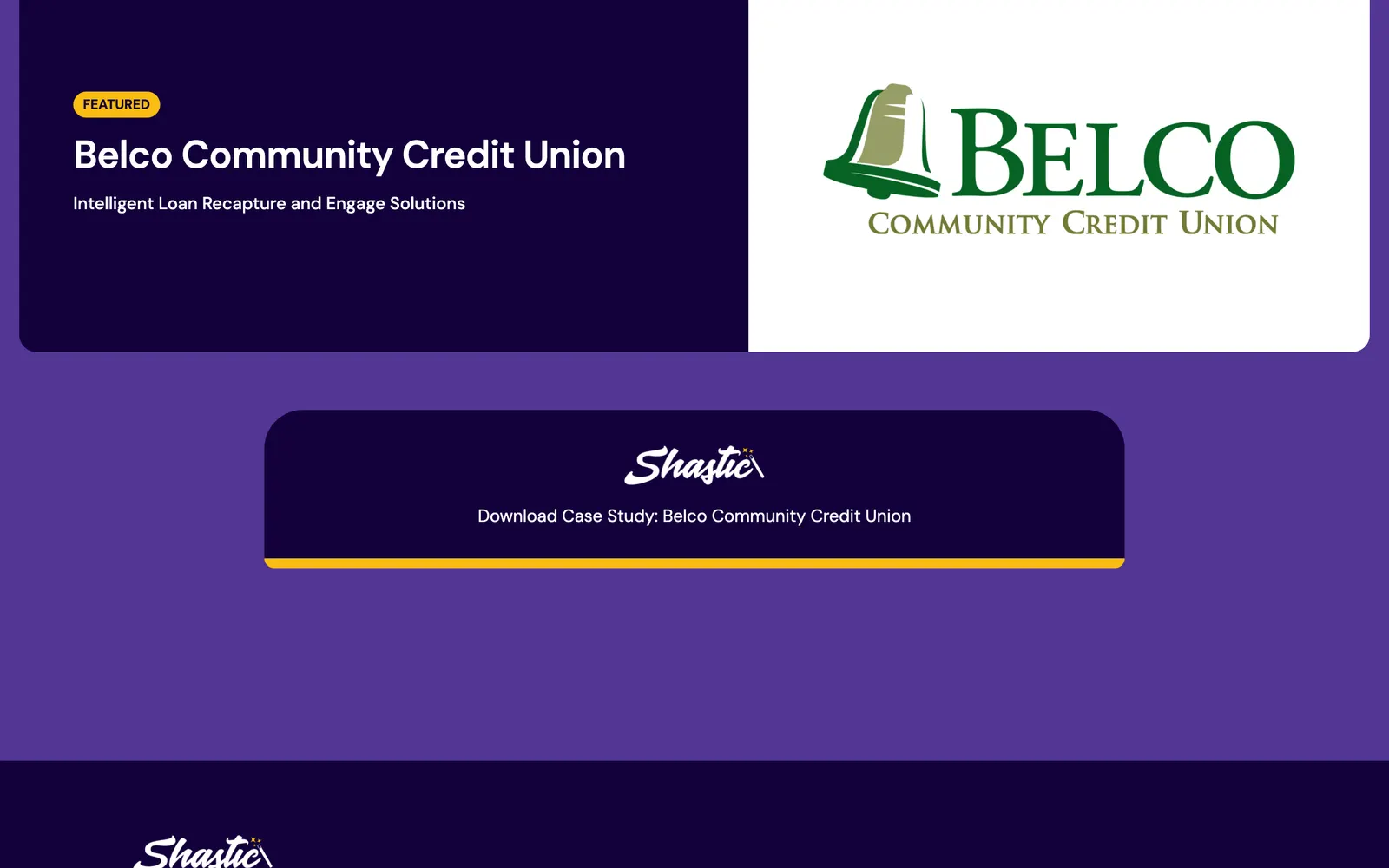 Shastic: Belco Community Credit Union case study page (customer logo is the site's own)