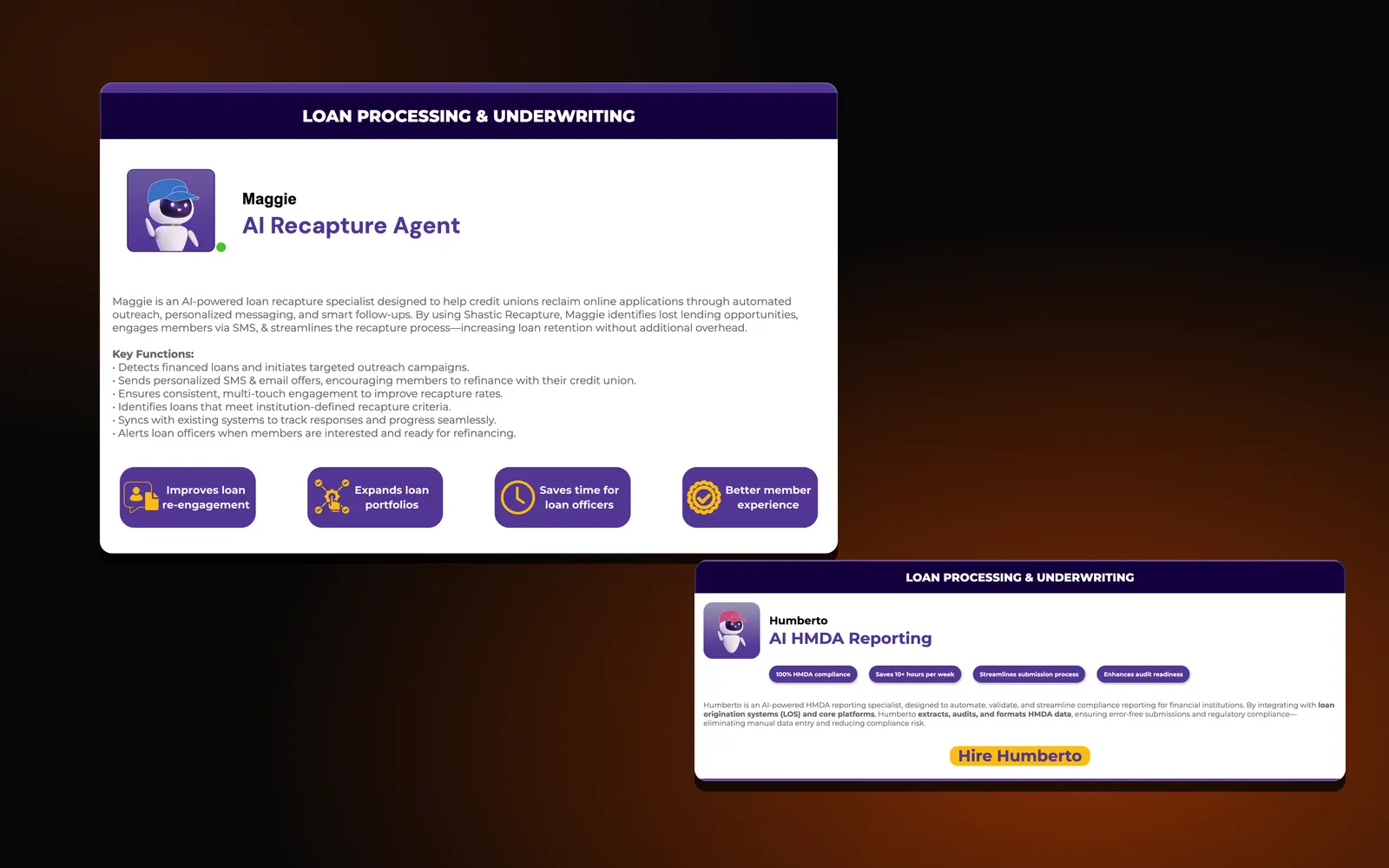 Shastic: Hero candidate A: Maggie AI Recapture Agent profile with Humberto HMDA agent card