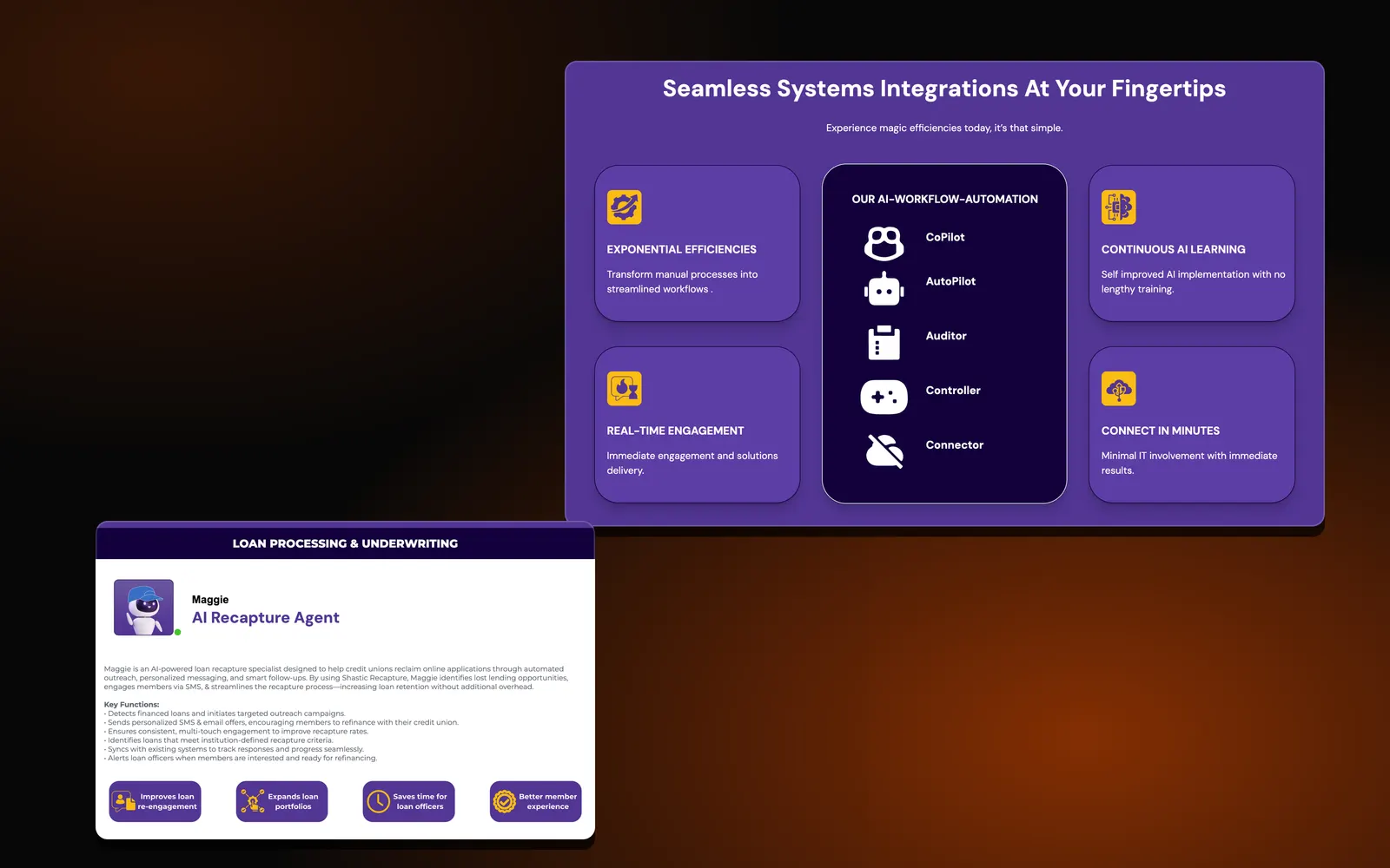 Shastic: Hero candidate B: platform integrations overview with Maggie profile